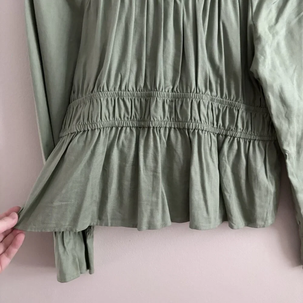 Daisy & Delilah Stitch Fix Women L Green Linen Blend Boho Larisa Peplum Top NWT